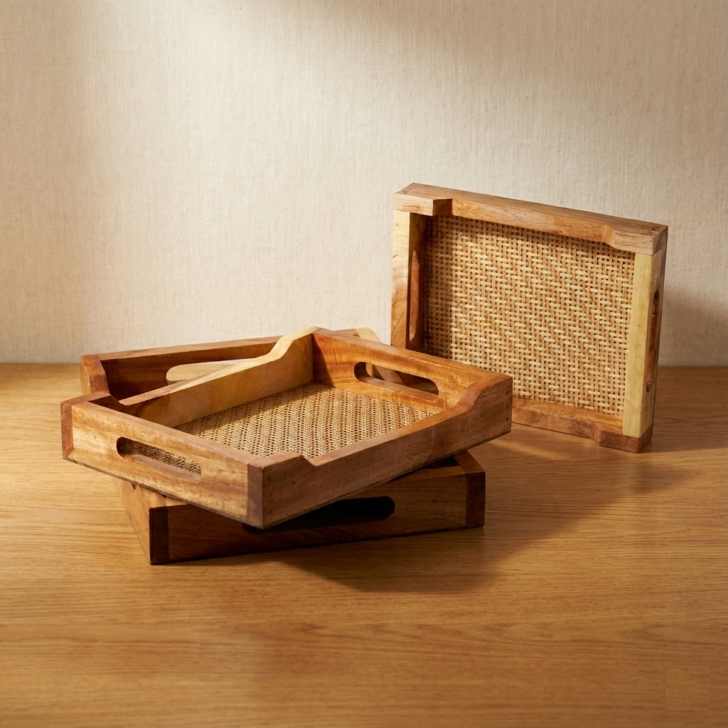 Decorative Wood & Bamboo Trays - Set of 3